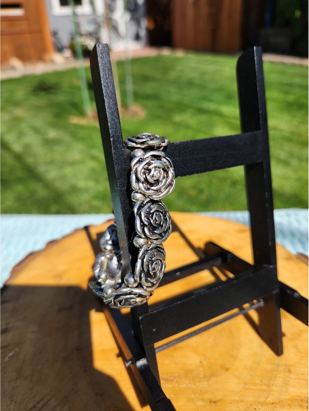 Silver Tone Rose Flower Stretch Bracelet